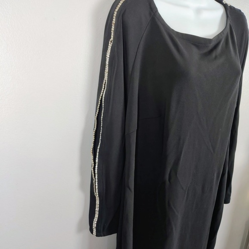 Onyx Nite Wendye Chaitin Black Rhinestone Pearl Sleeve Shift Dress 16 USA‎ dark - Picture 3 of 10